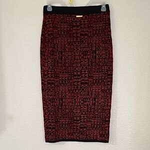 Michael Kors MK Monogram Logo Red Black Knitted Women's Pencil Skirt Size Small